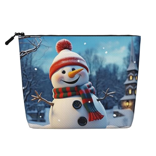 GDSHJKLW Make-up-Tasche aus Leinen für Damen, wasserdicht, Reise-Kosmetik-Organizer, leichter Reißverschluss, Reise-Kulturbeutel, Organizer, fröhlicher Schneemann, Make-up-Pinsel, Aufbewahrungstasche von GDSHJKLW