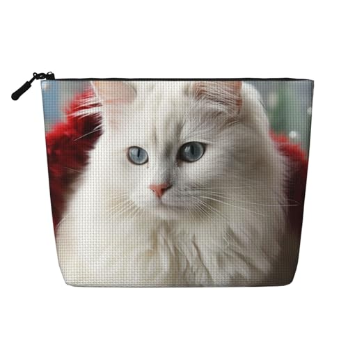 GDSHJKLW Make-up-Tasche aus Leinen für Damen, wasserdicht, Reise-Kosmetik-Organizer, leichter Reißverschluss, Reise-Kulturbeutel, Organizer, niedliche weiße Katze, Make-up-Pinsel, Aufbewahrungstasche von GDSHJKLW
