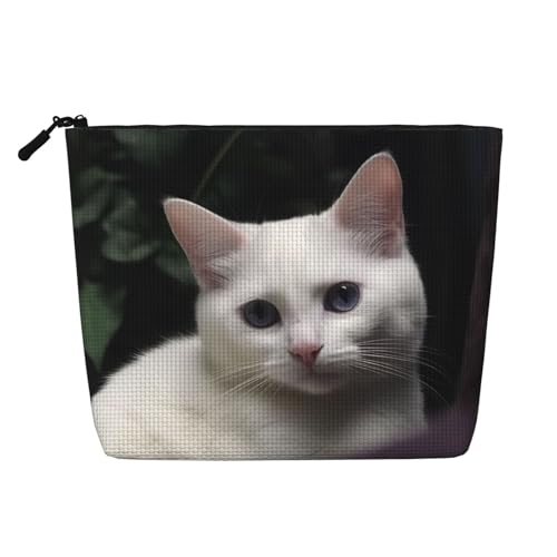 GDSHJKLW Make-up-Tasche aus Leinen für Damen, wasserdicht, Reise-Kosmetik-Organizer, leichter Reißverschluss, Reise-Kulturbeutel, Organizer, weiße Katze, Make-up-Pinsel, Aufbewahrungstasche von GDSHJKLW