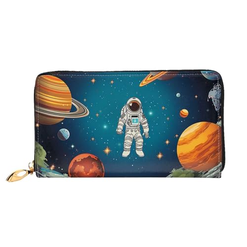 GDSHJKLW Outer Space Rocket Astronaut Damen Geldbörse Leder Reißverschluss Rund Clutch Geldbörsen Wasserdicht Kreditkartenhalter mit Handyhalter Damen Reise Münzbörse von GDSHJKLW
