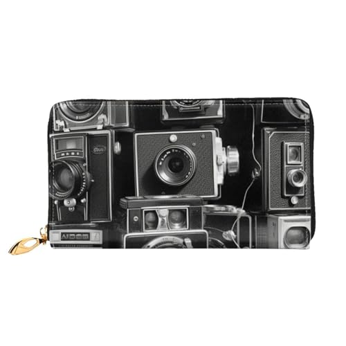 GDSHJKLW Retro Cool Camera Collection Damen Geldbörsen Leder Reißverschluss Rund Clutch Geldbörsen Wasserdicht Kreditkartenhalter mit Handyhalter Damen Reise Münzbörse von GDSHJKLW