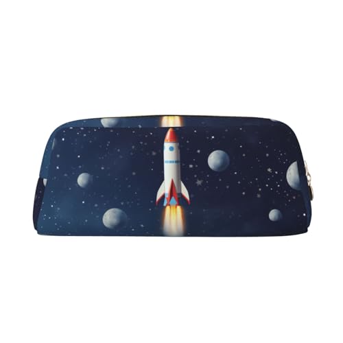 GDSHJKLW Rocket In Space Leder-Federmäppchen, großes Fassungsvermögen, Stifttasche, Reißverschluss, Make-up-Tasche für Damen und Herren, Reise-Kulturbeutel, wasserdicht, Kosmetiktasche, weit von GDSHJKLW