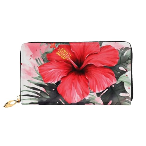 GDSHJKLW Roter Hibiskus Damen-Geldbörse, Leder, Reißverschluss, Clutch, wasserdicht, Kreditkartenetui mit Handyhalter, Reise-Münzgeldbörse von GDSHJKLW