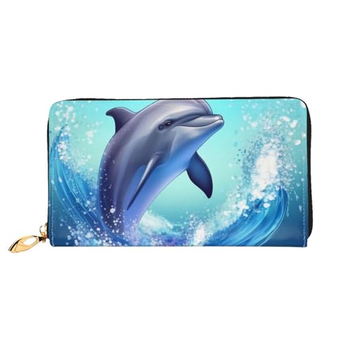 GDSHJKLW Süße Delfin-Damen-Geldbörse, Leder, Reißverschluss, Clutch, wasserdicht, Kreditkartenetui mit Handyhalter, Reise-Münzgeldbörse von GDSHJKLW