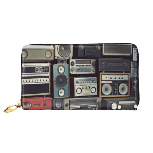 GDSHJKLW Vintage Wall Of Radio Boombox Damen Geldbörsen Leder Reißverschluss Rund Clutch Geldbörsen Wasserdicht Kreditkartenhalter mit Handyhalter Damen Reise Münzbörse von GDSHJKLW