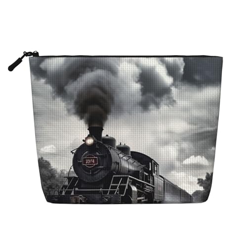 Gdshjklw Make-up-Tasche aus Leinen für Damen, wasserdicht, Reise-Kosmetik-Organizer, leichter Reißverschluss, Reise-Kulturbeutel, Organizer, Dampfzug, Wolken, Make-up-Pinsel, Aufbewahrungstasche von GDSHJKLW