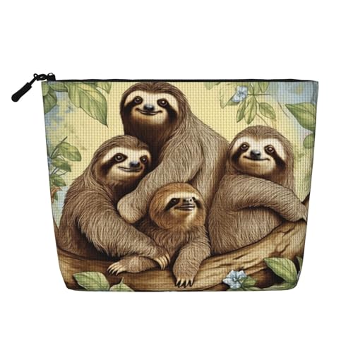Gdshjklw Make-up-Tasche aus Leinen für Damen, wasserdicht, Reise-Kosmetik-Organizer, leichter Reißverschluss, Reise-Kulturbeutel, Organizer, Faultier, Familie, Make-up-Pinsel, Aufbewahrungstasche von GDSHJKLW