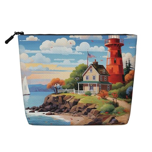 Gdshjklw Make-up-Tasche aus Leinen für Damen, wasserdicht, Reise-Kosmetik-Organizer, leichter Reißverschluss, Reise-Kulturbeutel, Organizer, Küste, Leuchtturm, Make-up-Pinsel, Aufbewahrungstasche von GDSHJKLW