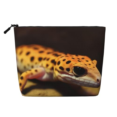 Gdshjklw Make-up-Tasche aus Leinen für Damen, wasserdicht, Reise-Kosmetik-Organizer, leichter Reißverschluss, Reise-Kulturbeutel, Organizer, Leopardenmuster, kleiner Gecko, Make-up-Pinsel von GDSHJKLW