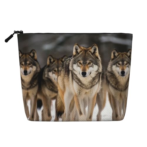 Gdshjklw Make-up-Tasche aus Leinen für Damen, wasserdicht, Reise-Kosmetik-Organizer, leichter Reißverschluss, Reise-Kulturbeutel, Organizer, Packung mit Wölfen, Make-up-Pinsel-Aufbewahrungstasche von GDSHJKLW