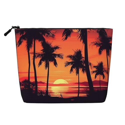 Gdshjklw Make-up-Tasche aus Leinen für Damen, wasserdicht, Reise-Kosmetik-Organizer, leichter Reißverschluss, Reise-Kulturbeutel, Organizer, Palme, Sommer, Sonnenuntergang, Make-up-Pinsel von GDSHJKLW
