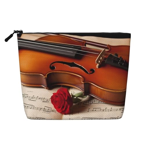 Gdshjklw Make-up-Tasche aus Leinen für Damen, wasserdicht, Reise-Kosmetik-Organizer, leichter Reißverschluss, Reise-Kulturbeutel, Organizer, Violine, Noten, Make-up-Pinsel, Aufbewahrungstasche von GDSHJKLW