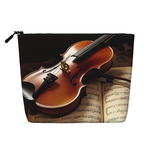 Gdshjklw Make-up-Tasche aus Leinen für Damen, wasserdicht, Reise-Kosmetik-Organizer, leichter Reißverschluss, Reise-Kulturbeutel, Organizer, Violine und Buch, Make-up-Pinsel, Aufbewahrungstasche von GDSHJKLW