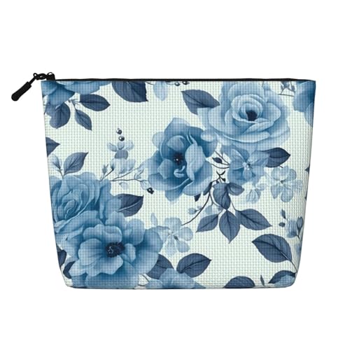 Gdshjklw Make-up-Tasche aus Leinen für Damen, wasserdicht, Reise-Kosmetik-Organizer, leichter Reißverschluss, Reise-Kulturbeutel, Organizer, blaue Blumenmuster, Rosen, 1 von GDSHJKLW
