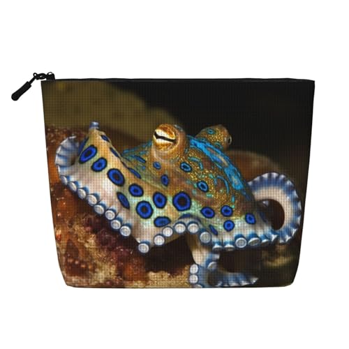 Gdshjklw Make-up-Tasche aus Leinen für Damen, wasserdicht, Reise-Kosmetik-Organizer, leichter Reißverschluss, Reise-Kulturbeutel, Organizer, blauer Ring, Oktopus, Make-up-Pinsel, Aufbewahrungstasche Gdshjklw Make-up-Tasche aus Leinen für Damen, wasserdicht, Reise-Kosmetik-Organizer, leichter Reißverschluss, Reise-Kulturbeutel, Organizer, blauer Ring, Oktopus, Make-up-Pinsel, Aufbewahrungstasche von GDSHJKLW