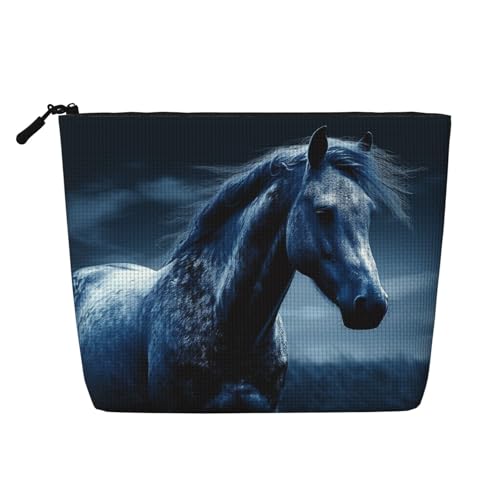 Gdshjklw Make-up-Tasche aus Leinen für Damen, wasserdicht, Reise-Kosmetik-Organizer, leichter Reißverschluss, Reise-Kulturbeutel, Organizer, blaues Pferd, Make-up-Pinsel, Aufbewahrungstasche von GDSHJKLW