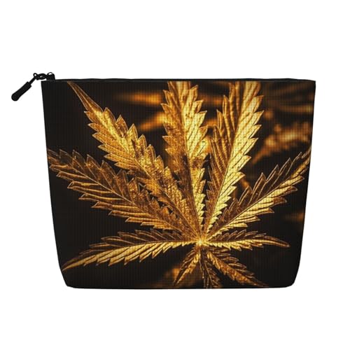 Gdshjklw Make-up-Tasche aus Leinen für Damen, wasserdicht, Reise-Kosmetik-Organizer, leichter Reißverschluss, Reise-Kulturbeutel, Organizer, goldene Cannabis-Make-up-Pinsel-Aufbewahrungstasche von GDSHJKLW