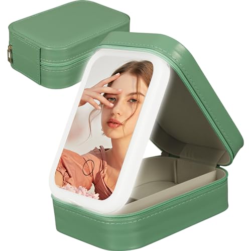 Kosmetiktasche mit Beleuchtetem Spiegel, Schminktasche Make up Tasche mit Spiegel-3 Farben LED Licht, Reise Kosmetikkoffer Organizer, Tragbare Schminkkoffer Make-up Etui mit Trennwänden (Grün) von GDWD