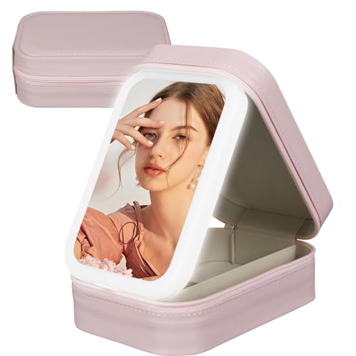 Kosmetiktasche mit Beleuchtetem Spiegel, Schminktasche Make up Tasche mit Spiegel-3 Farben LED Licht, Reise Kosmetikkoffer Organizer, Tragbare Schminkkoffer Make-up Etui mit Trennwänden (Rosa) von GDWD