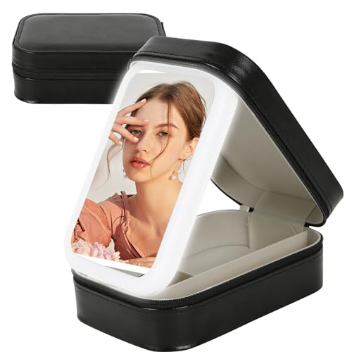 Kosmetiktasche mit Beleuchtetem Spiegel, Schminktasche Make up Tasche mit Spiegel-3 Farben LED Licht, Reise Kosmetikkoffer Organizer, Tragbare Schminkkoffer Make-up Etui mit Trennwänden (Schwarz) von GDWD