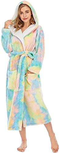 Damen-Dressingkleid-Krawatte-Farbstoff-Plüsch-Nachtwäsche-Decke mit Kapuze Home-Roben Bademantel-Pyjamas Nachtwäsche Hoodie Loungewear (Color : Yellow, Size : L) von GDYJP