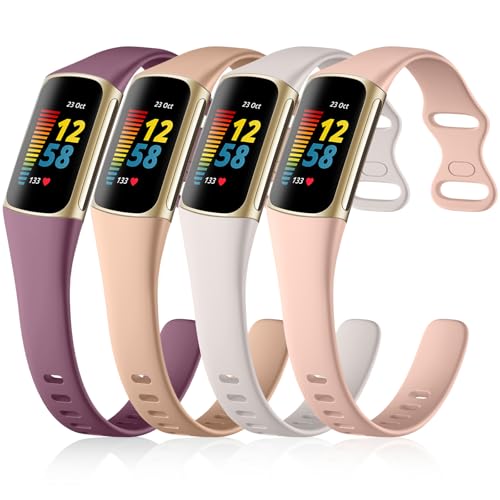 GEAK Slim Band Kompatibel mit Fitbit Charge 5/Charge 6 Bands für Damen Herren, Weiches Silikon Sport Ersatz Armbänder für Fitbit Charge 5/Charge 6 Fitness Tracker, Violett/Starlight/Milchtee/Rosa GEAK Slim Band Kompatibel mit Fitbit Charge 5/Charge 6 Bands für Damen Herren, Weiches Silikon Sport Ersatz Armbänder für Fitbit Charge 5/Charge 6 Fitness Tracker, Violett/Starlight/Milchtee/Rosa von GEAK