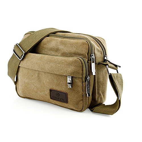 GEARONIC TM Herren Vintage Umhängetasche aus Segeltuch für Schule, Wandern, Militär, Reisen, khaki, Small von GEARONIC