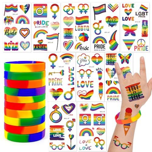 10 Blatt LGBTQ Temporäre Tattoo +10 Stück Regenbogen Gummibänder Gay Pride Geschenk regenbogenfarbenes Band für Parade Fest Frauen Männer Schwul Lesbisch Stolz LGBT Feiern Party Mitbringsel von GEBETTER