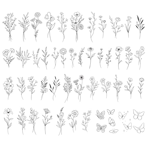 2 Blätter Fake Tattoos Schwarz Temporäre Klebetattoos Erwachsene Wasserdicht Tattoo Mädchen Arm Tattoo Klebe Aufkleber Tatoos zum Aufkleben Frauen Damen Kinder Männer (Wilde Blumen) von GEBETTER