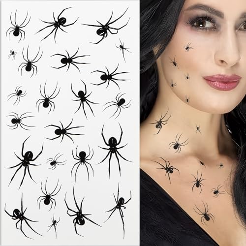 3 Blatt Spinnen Temporäre Tattoos zum Aufkleben Halloween kostüm Zubehör Deko Karneval Accessoires Klebetattoos Hautfreundliche Kindertattoos für Faschingskostüm Party Punk Kinder Damen von GEBETTER