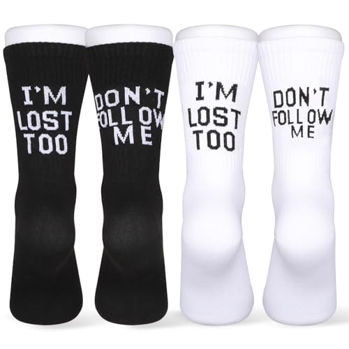 GEBETTER 2 Paar 2 Farben Baumwolle Socken 36-45 mit Spruch Don't Follow Me I'm Lost Too Baumwollsocken lustige Buchstaben Sportsocken mit Motiv für Damen Herren Unisex Business von GEBETTER