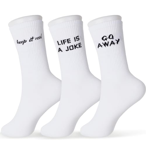 GEBETTER 3 Paar 3 Stile Baumwolle Socken mit Spruch „Life is a Joke“ „Go Away“ „Keep it Real“ 36-42 Baumwollsocken lustige Sportsocken mit Motiv für Damen Herren Unisex Business von GEBETTER