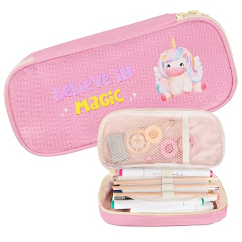 GEBETTER Einhorn Federmäppchen für Mädchen Geschenk Believe in Magic Etui Stifte 3 Fächer Mäppchen Kinder Federmappe Tragbar Federtasche für Schule Vorschule Kindergarten Schreibwaren Stiftebeutel von GEBETTER