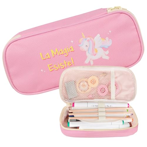 GEBETTER Italienisch Einhorn Federmäppchen für Mädchen Geschenk Believe in Magic Etui Stifte 3 Fächer Mäppchen Kinder Federmappe Tragbar Federtasche für Schule Vorschule Kindergarten Schreibwaren von GEBETTER