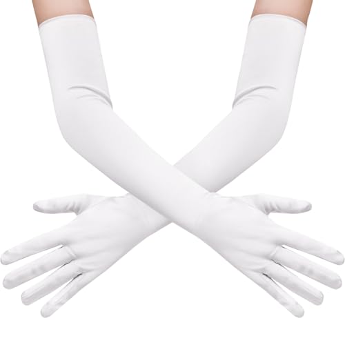 GEBETTER Lange Handschuhe Damen Elegant, Satin klassisch Abendhandschuhe 1920er Handschuhe für Frauen Mädchen Classic Oper Party Halloween Karneval Fasching Fest Kostüm Satinhandschuhe (Weiß, 55 cm) von GEBETTER