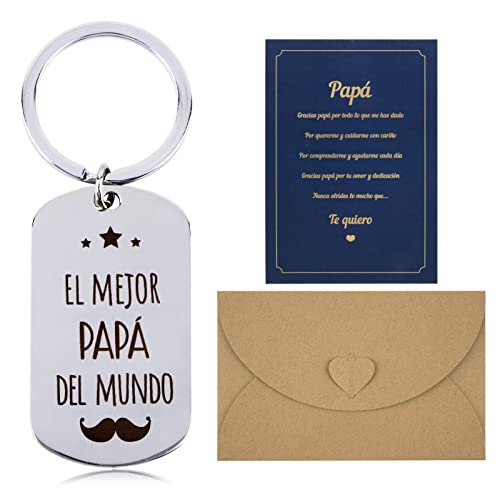 Spanisch 1* Schlüsselanhänger für Vater + 1*Grußkarte + 1*Umschlag mit Gravur El mejor papá del mundo Geschenk Papa Anhänger Schlüssel Vatertag von GEBETTER