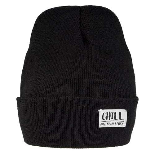 GEBETTER Winter Beanie Mütze CHILL MAL Dein Leben Strickmütze Einheitsgröße Wintermütze mit Einstickung Bestickt Schwarz für Jungen Mädchen Herren und Damen von GEBETTER