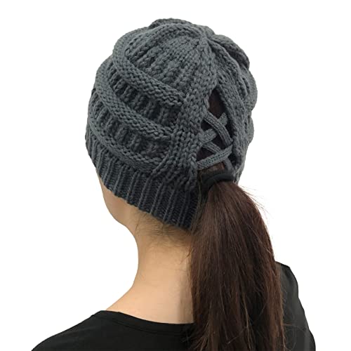 Damen Strickmütze - Gestrickt Verdicken Wintermütze Mit Zöpfen Loch Loop Gefütterte Beanie Plain Warme Hut Hohe Bun Pferdeschwanz Mütze (Grey) von GEBIN
