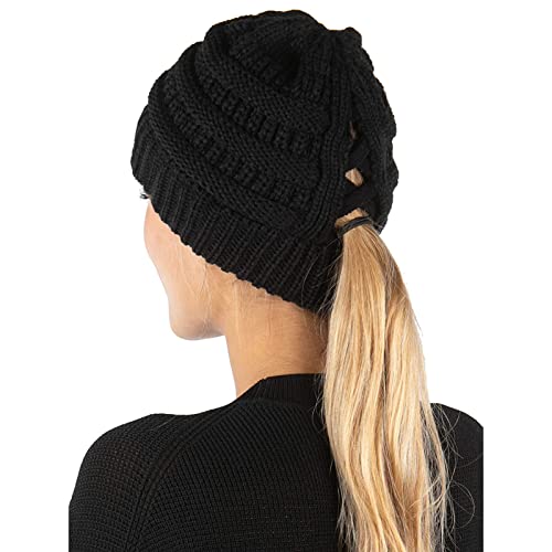 GEBIN Damen Strickmütze - Gestrickt Verdicken Wintermütze Mit Zöpfen Loch Loop Gefütterte Beanie Plain Warme Hut Hohe Bun Pferdeschwanz Mütze (Black) von GEBIN