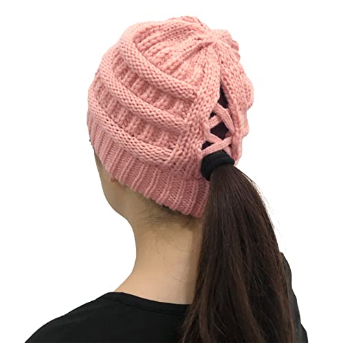 GEBIN Damen Strickmütze - Gestrickt Verdicken Wintermütze Mit Zöpfen Loch Loop Gefütterte Beanie Plain Warme Hut Hohe Bun Pferdeschwanz Mütze (Pink) von GEBIN