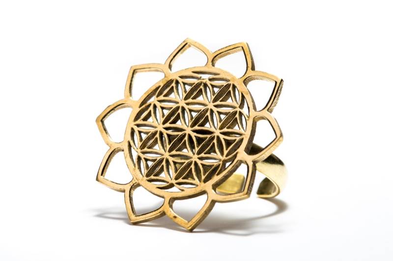 Einstellbare Blume Des Lebens Ring Messing Lotus Design Heilige Geometrie Ring, Yoga Schmuck, Geschenk-Boxed + Geschenk-Tasche, Kostenlose Uk von GECKOSPIRITUS