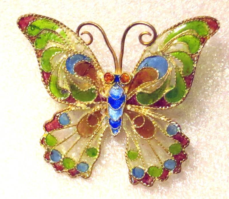 Zart Emaillierte Silber Vergoldete Plique-A-Jour Schmetterling Brosche von GEDALOVITCH