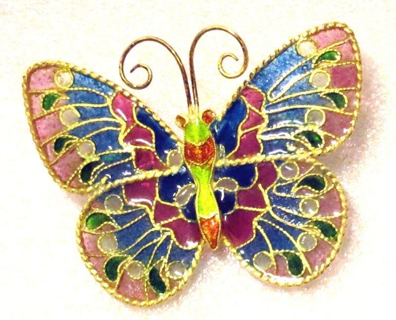 Zart Emaillierte Silber Vergoldete Plique-A-Jour Schmetterling Brosche von GEDALOVITCH