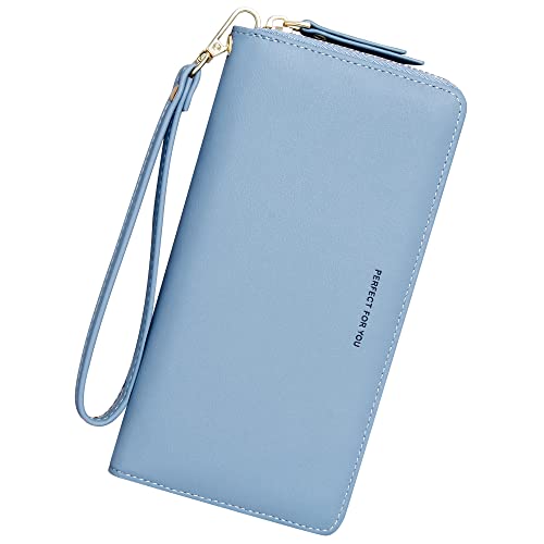 GEEADNB Langformat Geldbörse für Damen, PU Leder Portemonnaie Gross Reißverschluss Telefon Geldbörse Frauen Armband Geldbörse Lange Clutch Geldbörse (Blau) von GEEADNB