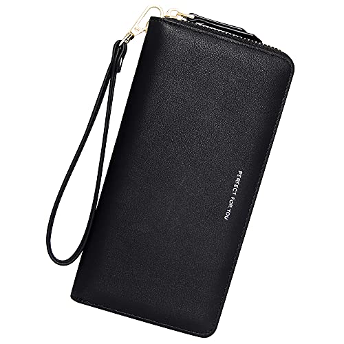 GEEADNB Langformat Geldbörse für Damen, PU Leder Portemonnaie Gross Reißverschluss Telefon Geldbörse Frauen Armband Geldbörse Lange Clutch Geldbörse (Schwarz) von GEEADNB