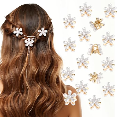 GEEHUA 16 Stück Mini Haarklammern mit Perlen, Blumen Haarklammern, süße Haarspangen, niedliche Ponynadeln, elegante Braut-Haarklammern für Frauen und Mädchen von GEEHUA