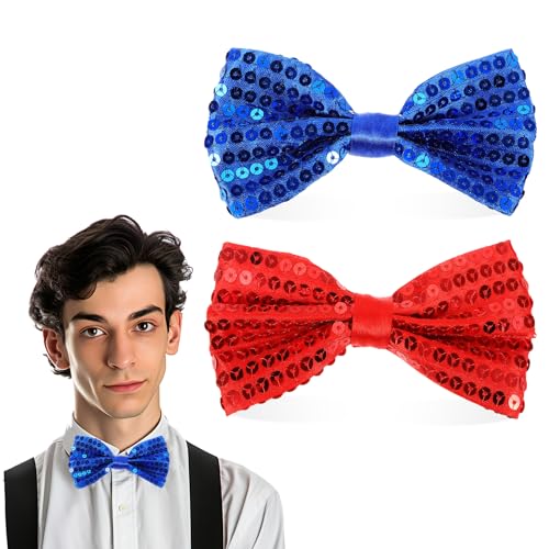 GEEHUA 2 Stück 12 cm Glitzer Fliege Herren, Fliege Glitzer Fliege Herren Hochzeits Pailletten Fliege Pailletten Fliegen für Männer Glitzer Showman Kostüm Karneval Mottoparty(Rot+Blau) von GEEHUA