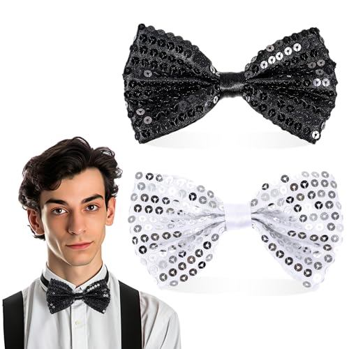 GEEHUA 2 Stück 12 cm Glitzer Fliege Herren, Fliege Glitzer Fliege Herren Hochzeits Pailletten Fliege Pailletten Fliegen für Männer Glitzer Showman Kostüm Karneval Mottoparty(Schwarz+Silber) von GEEHUA