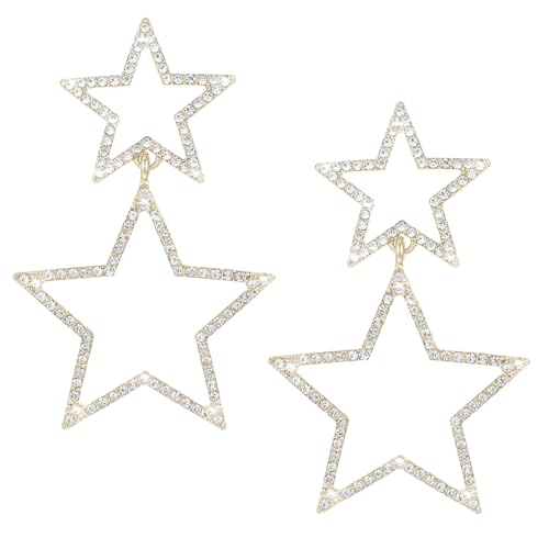 GEEHUA 2 Stück Sternohrringe für Mädchen, Glänzende Strass Stern Tropfenohrringe, Große Doppelstern Strass Ohrstecker, Hohle Sternkristallohrringe für Mädchen und Frauen(Gold) von GEEHUA
