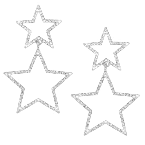 GEEHUA 2 Stück Sternohrringe für Mädchen, Glänzende Strass Stern Tropfenohrringe, Große Doppelstern Strass Ohrstecker, Hohle Sternkristallohrringe für Mädchen und Frauen(Silber) von GEEHUA